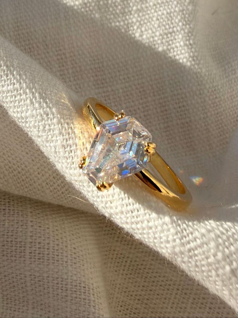 Gold Tone Coffin Cut Cubic Zirconia Ring Size 9